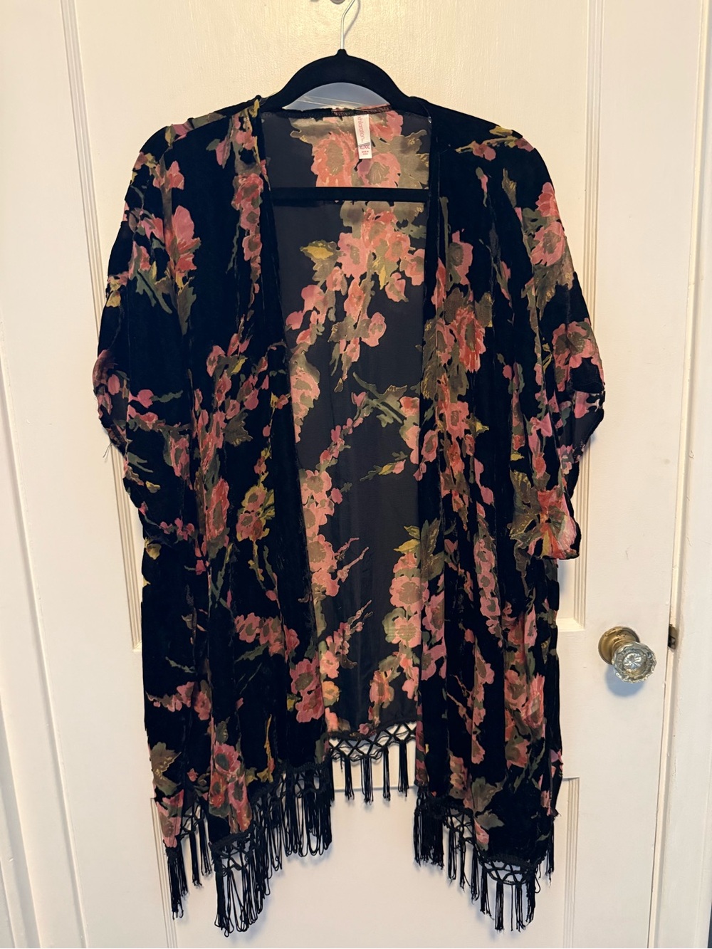 Xhilaration Black Floral Sheer Kimono with Fringe